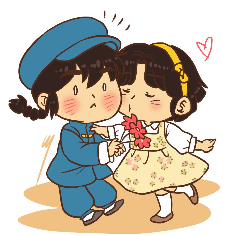 ranma and akane on their first date. ranma brought her flowers, and akane is giving him a kiss on the cheek 
