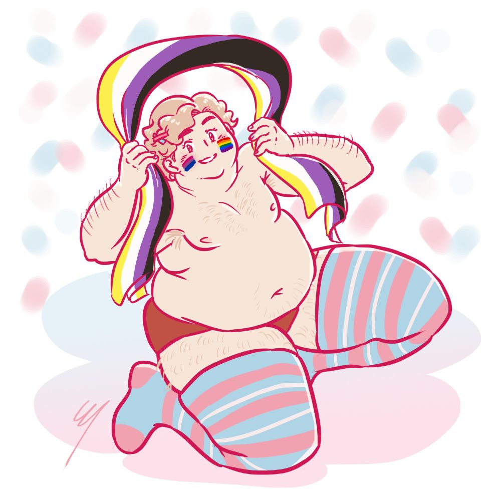 My OC Prisma, a fat queer nonbinary man. He's wearing red shorts and thigh-high trans flag socks, and waving a nonbinary flag. He has the bisexual and rainbow flags on his cheeks.