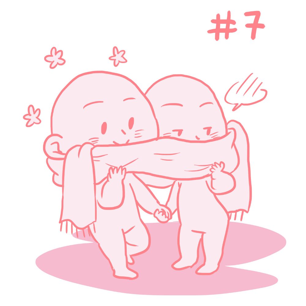 ych base. two characters holding hands, cuddled up together with a big scarf wrapped around their faces.