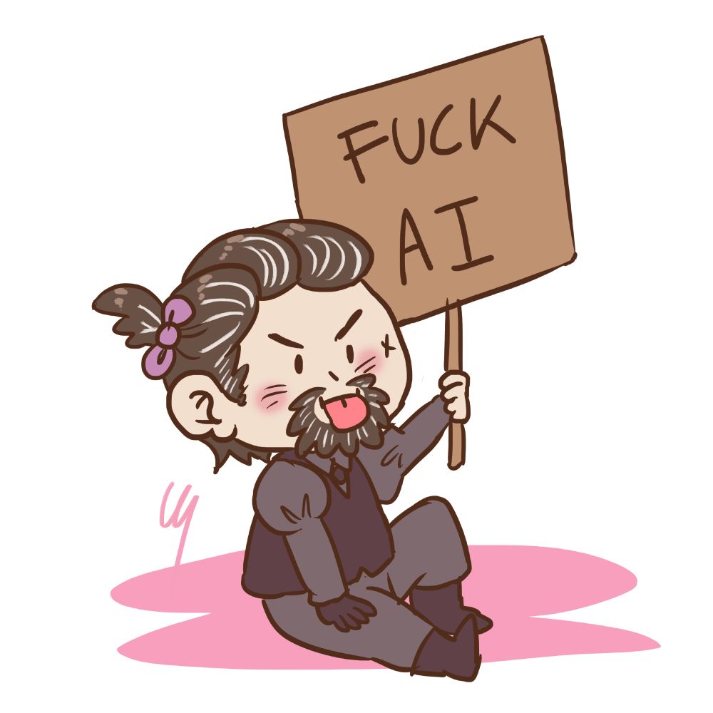 izzy hands holding a sign that says "fuck ai"