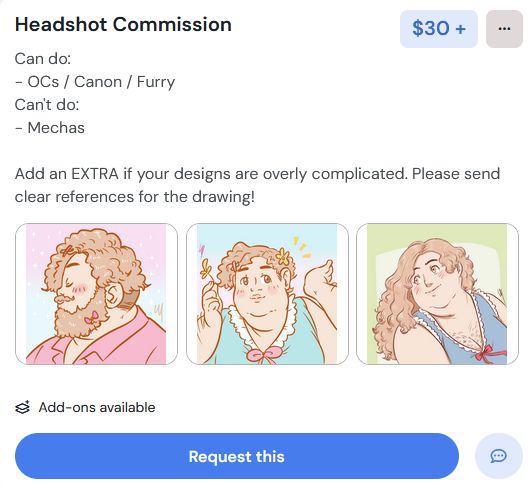 screenshot of the kofi commissions page. samples show a couple of pics of my oc prisma in pastel colors.