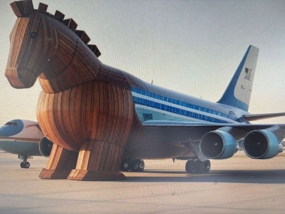Image of the new flying palace gifted by Qatar, with the front end of the plane resembling a Trojan horse.