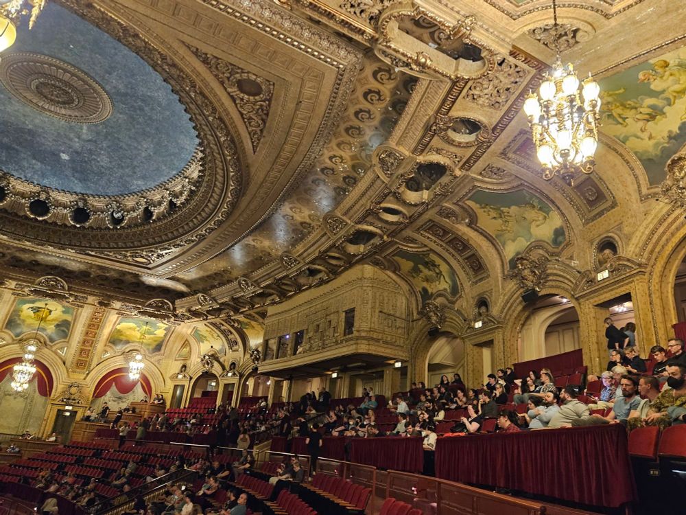 The upper balcony at the Chicago Theatre.