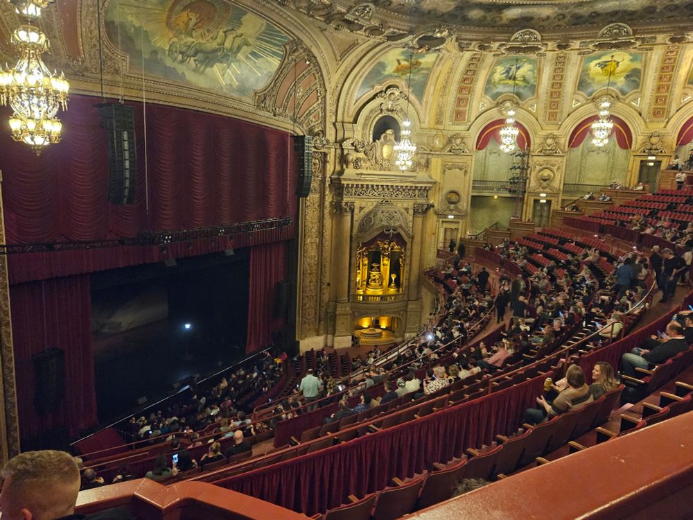 Lower balcony, loge, and stage at the Chicago Theatre.