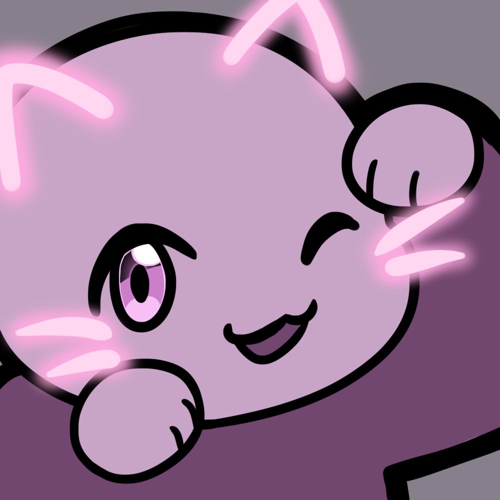 Picture of a generic "your character here" placeholder character tinted purple doing the japanese cat pose commonly seen in anime and winking at the camera. There are some cat ears and whiskers in the style of neon signs as some sort of filter on top.