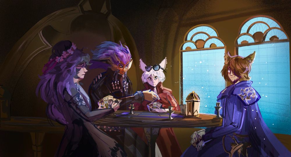 Kirby Cakes, Raidsha Dowlegends, Mikhail Cykes, and Aurico Castellan seated around a table in The Carline Canopy, enjoying a game of Triple Triad. 