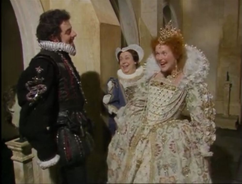 Image of Queen Elizabeth I with courtier Blackadder from UK television drama