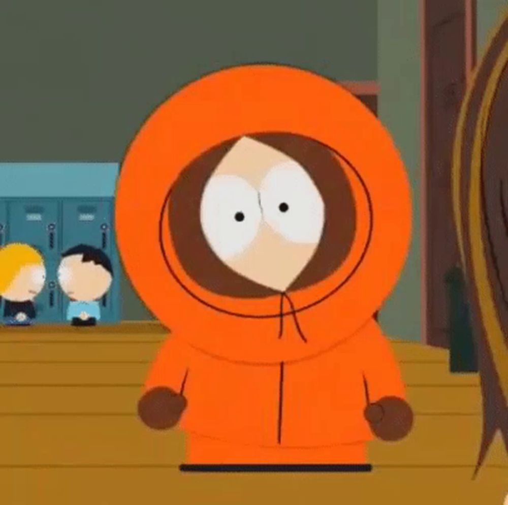 kenny from south park is wearing an orange hoodie and standing in front of a locker room .