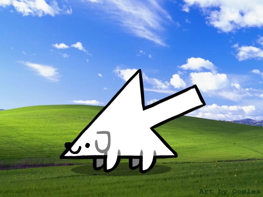 a doodle of a white computer cursor with legs and a crudely drawn puppy dog face. It is in front of Bliss, the default wallpaper of Microsoft's Windows XP operating system.
