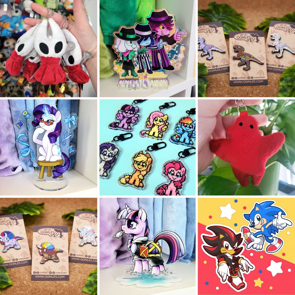 a photo collage of a bunch of items for sale at Art by Oomles' Etsy Store, including the following - handmade plush Hornets from Hollow Knight / Silksong, acrylic standees of the Fun Gang from Deltarune, enamel pins of pride colored dinosaurs, standees of Rarity and Twilight from My Little Pony, pixel art acrylic keychains of the mane six, a handmade plush of Marcille's familiar from Dungeon Meshi, and stickers of Shadow and Sonic the Hedgehog.
