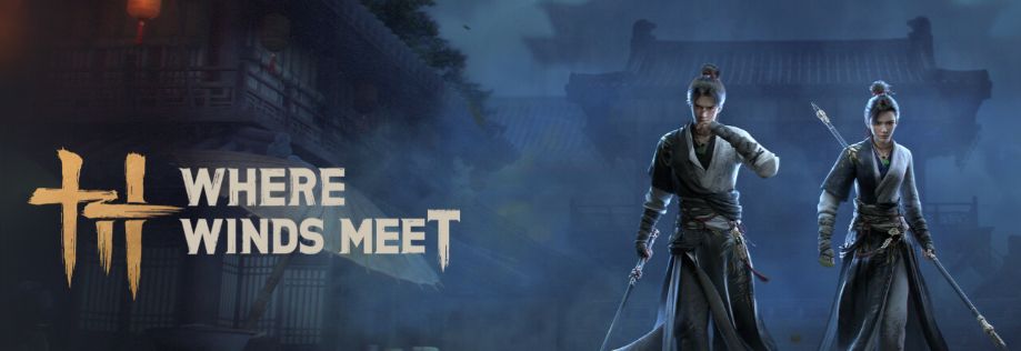 A promo graphic for the MMO Where Winds Meet, showing two Wuxia characters walking through a foggy city at dusk.