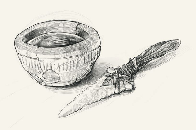 A sketch of a flint knife next to an ornate stone bowl.