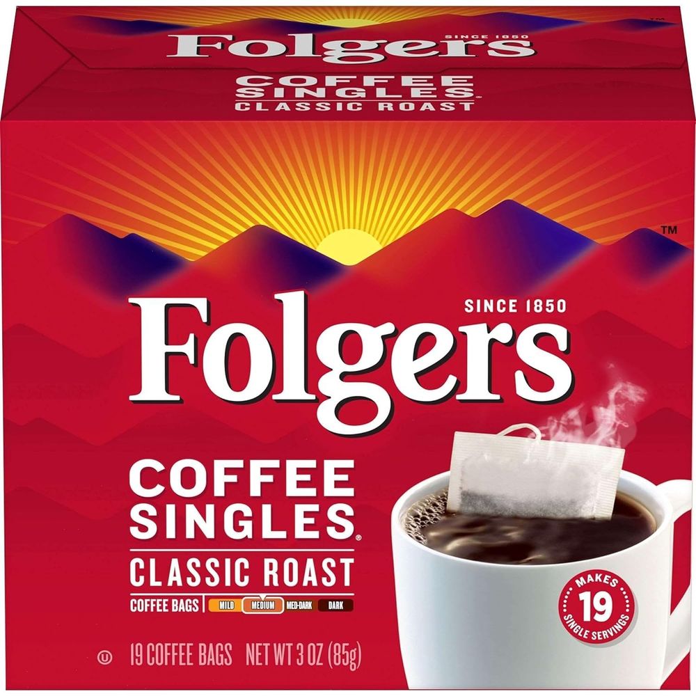 A box of Folger's Coffee Singles, which shows a teabag filled with coffee grounds being dipped into a cup.