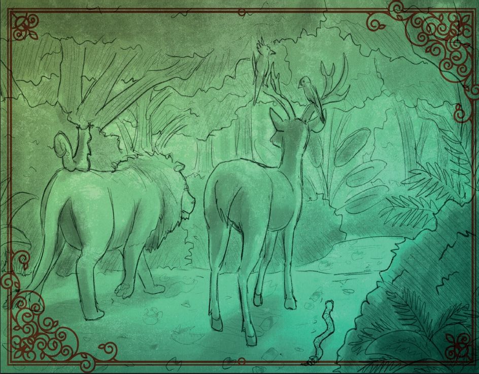 A deer and a lion walk side by side in a forest. A squirrel is perched on the lion's back and two birds in the deer's antlers. A snake slithers along the ground nearby. The entire scene is illustrated in green tones.
