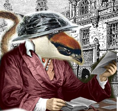 Ein Vogelgesicht mit einem Hut und einem Menschenkörper und haarigem Schwanz liest vor einem historischen Gebäude einen Brief.