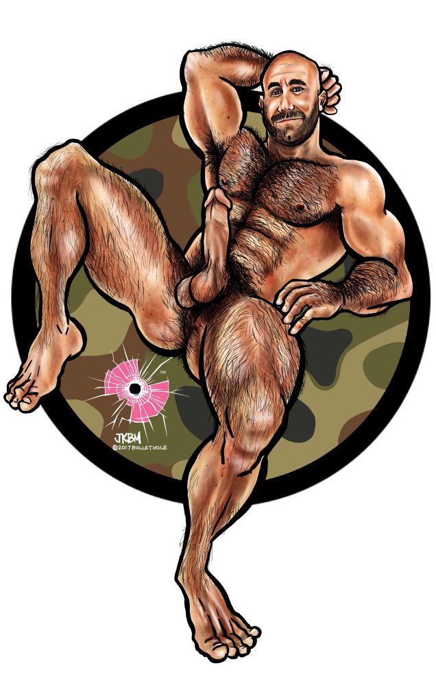 XXX version Gay artwork of musclebear naked with erection called manspreading on cammo background