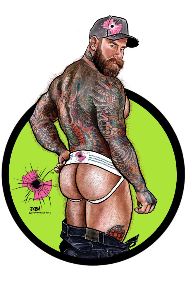 Art rendering of Jack Dixon gay xxx star with furry butt in jock
