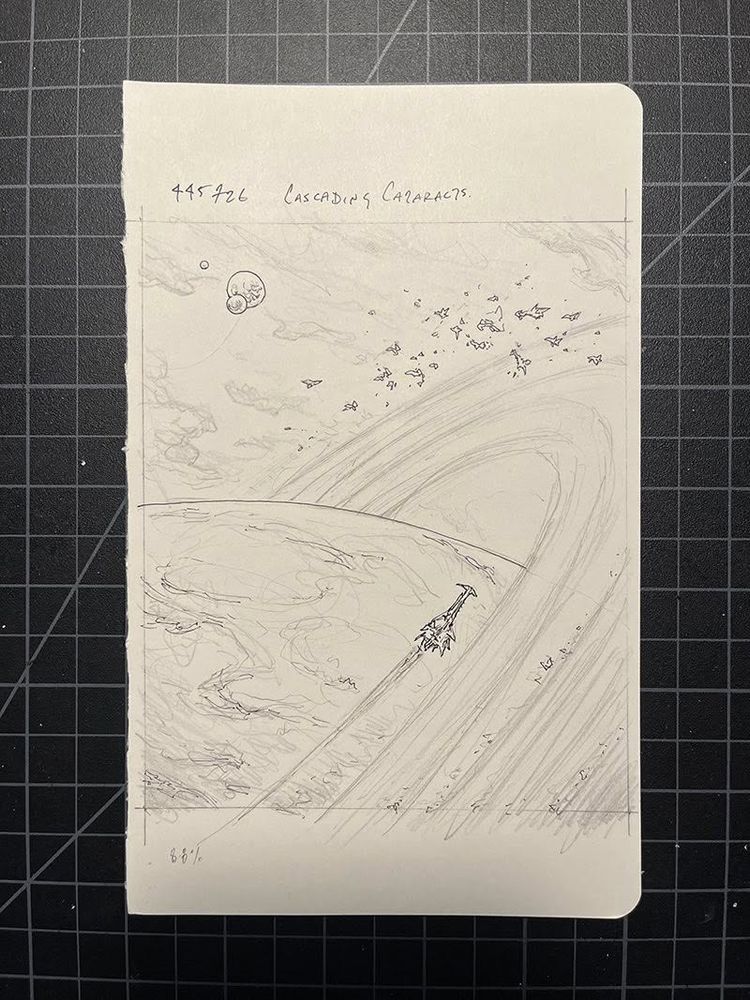 an ink drawing of a spaceship circling a planet with rings like saturn