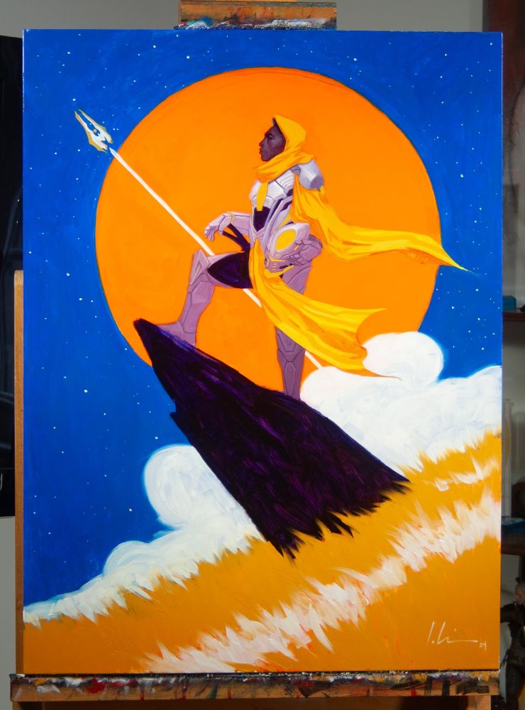 A retro futuristic, space soldier, woman artwork