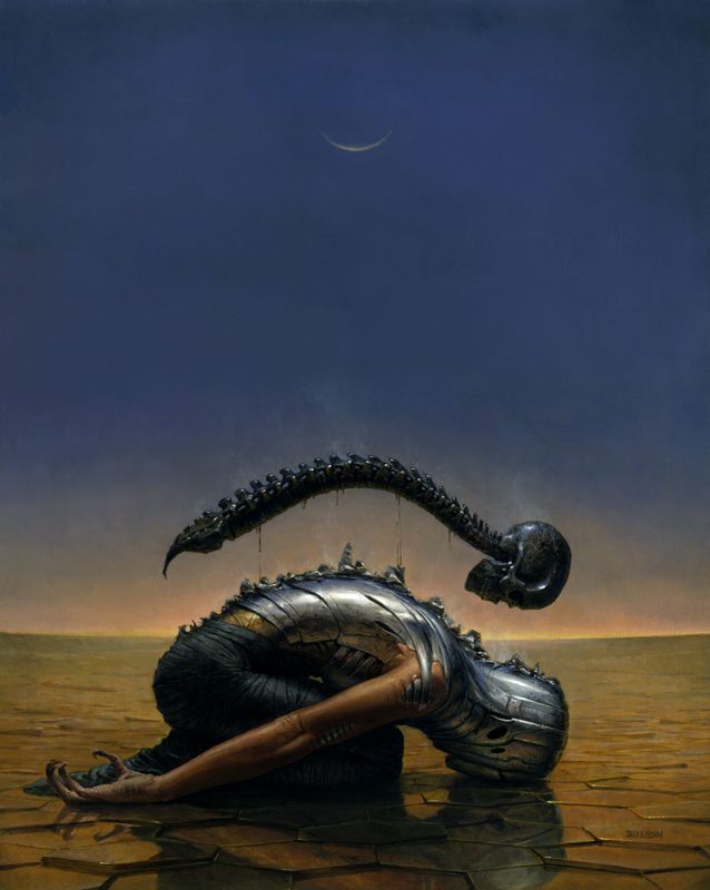 A half metal half/person is kneeling on a drought Rick in Plaine. Fair skull and spine are floating above them. This is a painting by Steve Belledin called surgical extraction, a magic gathering card artwork.