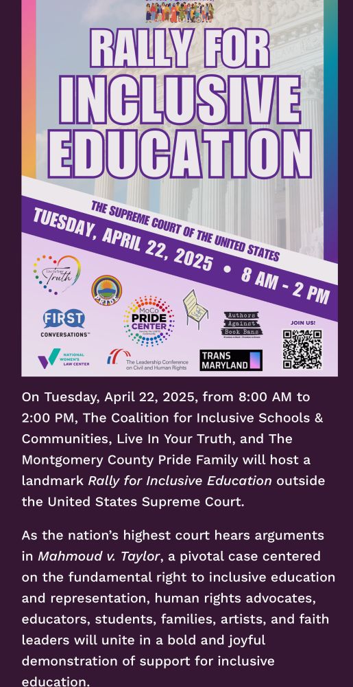 Flyer for a Rally for Inclusion event at Supreme Court during oral arguments of Mahmoud v Taylor on 4/22