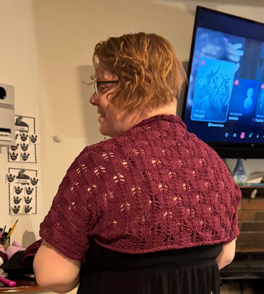 Picture of a knitted shrug with lace pattern looking like a leaf in a wine colored yarn from the back.