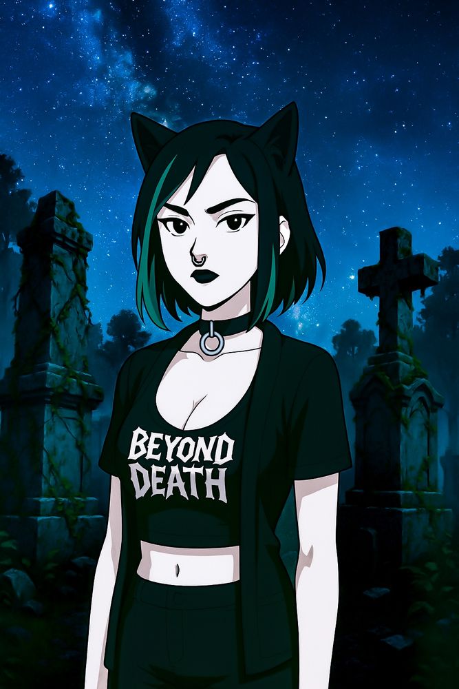 Anime-style cat-eared woman with pale skin, straight black hair edged in green, and a septum ring stands in front of mossy tombstones under a starry night sky. She wears a black crop top and cardigan reading “BEYOND DEATH” and gazes forward with a neutral, gothic expression.