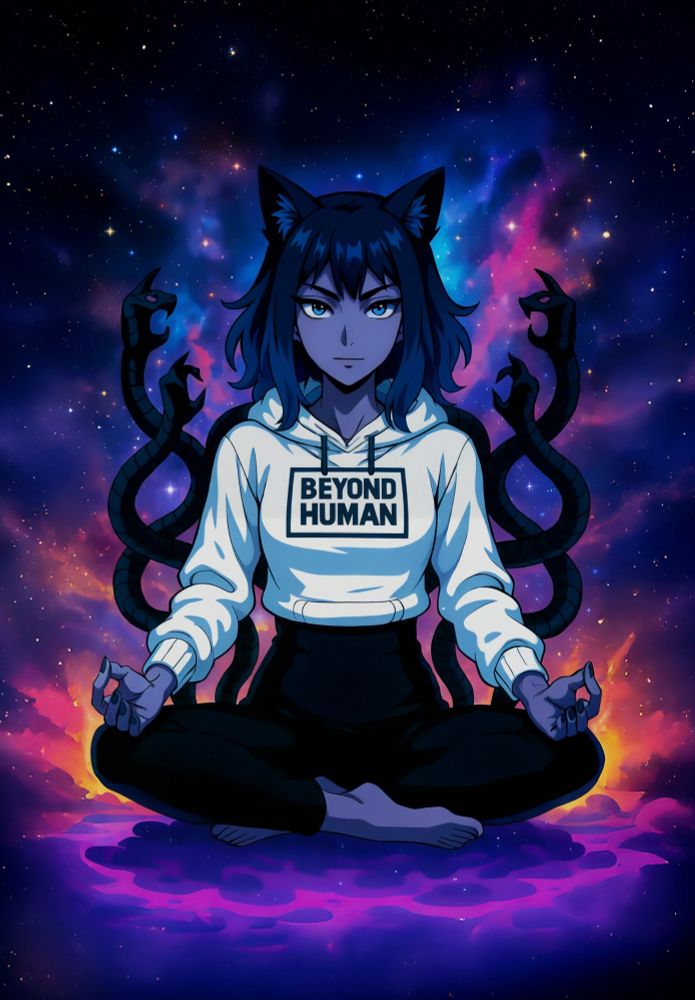 The image depicts a dark-skinned, anime-style character with cat ears and glowing blue eyes, sitting cross-legged in a meditative pose against a vivid cosmic background. She wears a white hoodie with the bold text "BEYOND HUMAN" on the front. Shadowy, serpentine tendrils with clawed hands emerge from her back, enhancing her supernatural aura. The glowing purples, pinks, and blues around her give the impression that she is levitating or radiating energy in a state of power and transcendence.

