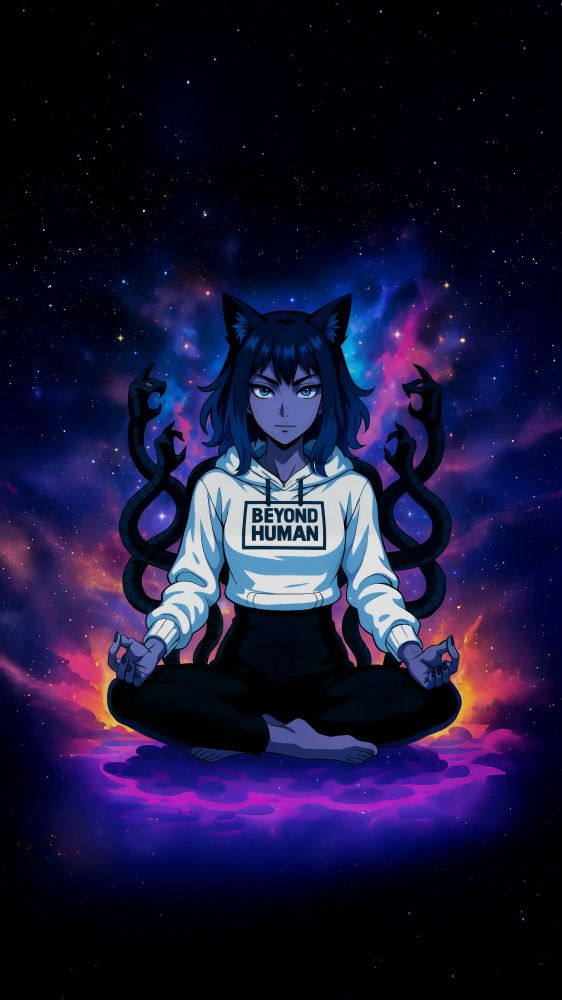 Anime-style cat-eared figure with deep blue skin levitates cross-legged above a purple mist. She wears a white hoodie labeled "BEYOND HUMAN" and black leggings. Multiple black, snake-like tentacles emerge from her back against a vibrant cosmic nebula background, hands resting in a meditation mudra.