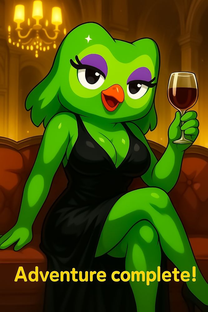 
Anthropomorphic green owl mascot for Duolingo, eyelids shaded purple and orange beak smiling, lounges on a brown velvet sofa in a candle-lit hall. Wearing a sleek black evening gown and crossing one leg, she raises a glass of red wine toward the viewer. Warm chandeliers glow behind her, and yellow text along the bottom reads, “Adventure complete!”

