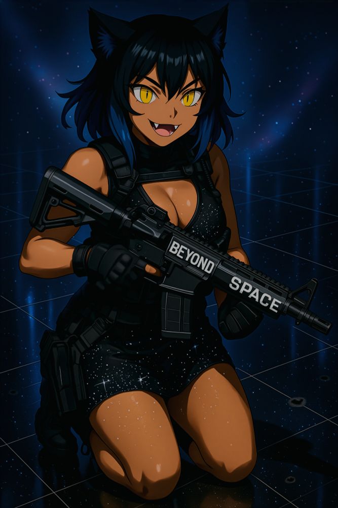 Anime-style cat-eared woman with dark hair and yellow eyes kneels on a glowing grid floor beneath a starry sky. She wears tactical black gear and a sparkly, low-cut dress, and holds an assault rifle labeled “BEYOND SPACE,” grinning confidently.