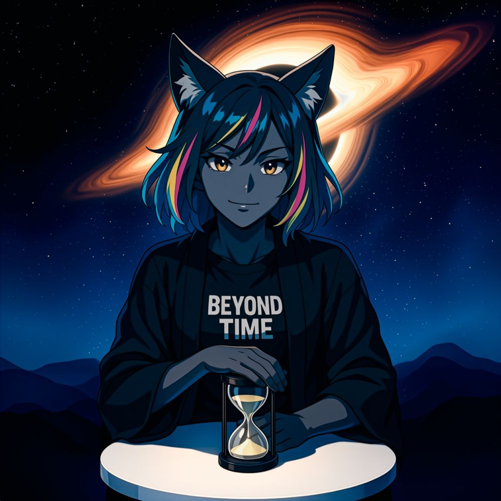 Anime-style cat-eared woman with short dark hair streaked in rainbow colors sits behind a small white table, holding an hourglass. She wears a black shirt printed "BEYOND TIME" and a dark jacket. A glowing ringed planet or halo floats behind her against a deep-blue night landscape, her expression calm.