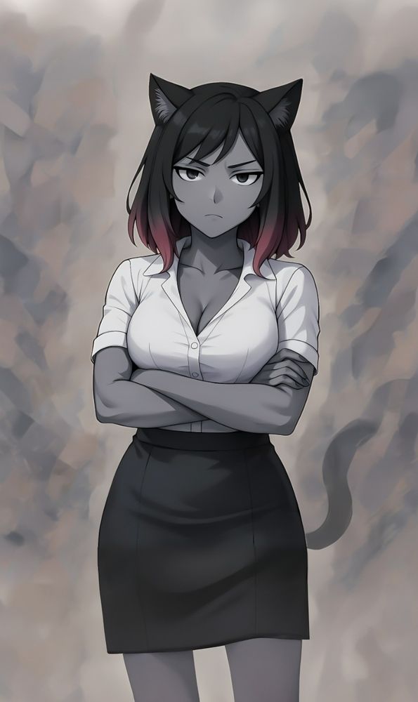 The image features an anime-style character with distinct cat-like features, including black cat ears and a matching tail. She has medium-length black hair with red tips and wears a fitted white blouse with a black pencil skirt. Her arms are crossed, and she has a serious or stern expression. The background is abstract and muted, keeping the focus on the character.


