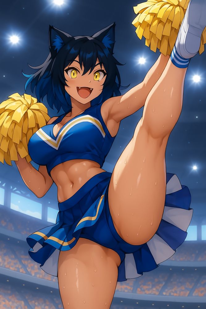 An anime-style catgirl cheerleader with dark skin and blue-black hair performs a high kick on a brightly lit stadium field. Wearing a blue and gold cheer uniform, she brandishes yellow pom-poms while sweat droplets glisten on her athletic figure; her vivid yellow eyes, feline ears, and wide fanged smile radiate energetic enthusiasm against the backdrop of spotlights and a blurred crowd.