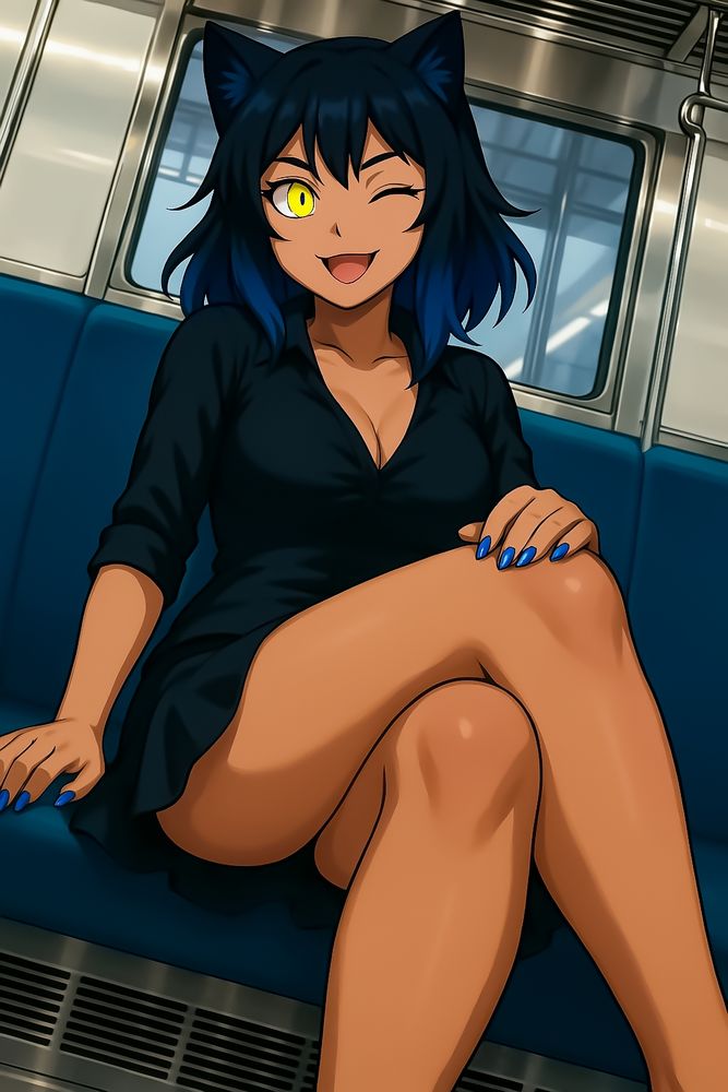 An anime-style catgirl with dark skin and blue-black hair sits sideways on a blue subway seat, legs crossed and angled toward the viewer. She has pointed feline ears, a single bright yellow cat eye open while the other eye winks playfully, and a wide, fanged smile. Her fitted black dress features a deep V-neck and rolled three-quarter sleeves, accentuating her figure. She rests one hand on her knee, showing matching blue nail polish. The stainless-steel interior and windows of the train car frame the scene.

