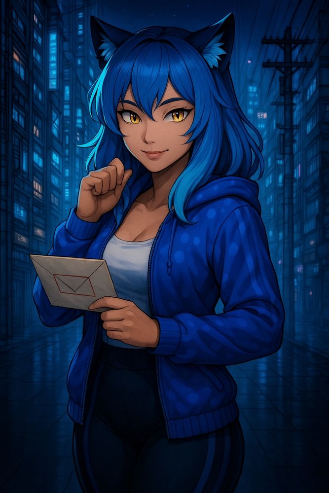 A blue-haired catgirl stands confidently in a neon-lit cyberpunk city at night. She has yellow feline eyes, black cat ears with pale inner fur, and wears a dark blue zip-up hoodie with circular patterns and matching athletic leggings. Her expression is calm and alluring, with a closed-lip smile. She holds a beige envelope outlined in red, and the rain-slicked street behind her reflects the vivid blue and pink glow of high-rise buildings and power lines stretching into the distance.