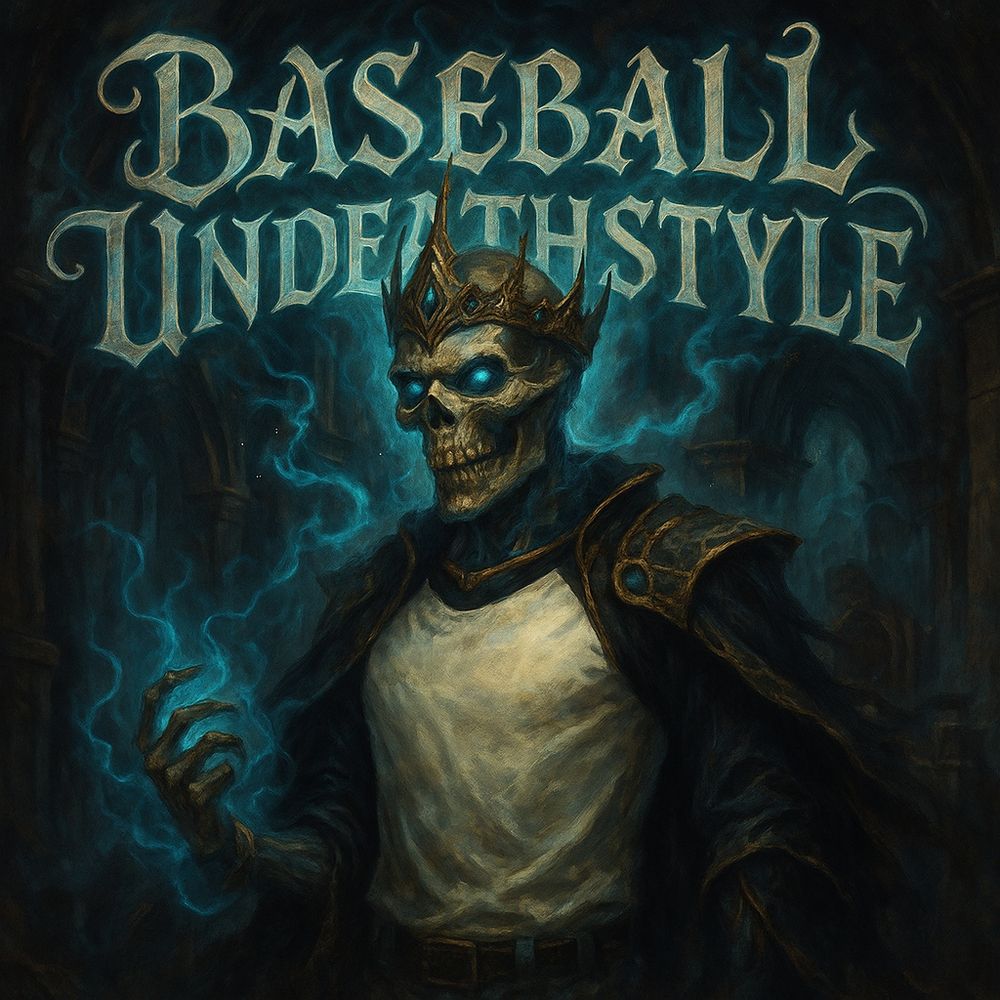 Dark fantasy illustration of a skeletal lich seated on a cracked stone throne inside a shadowy, ruined hall. The lich wears a white-and-black raglan baseball T-shirt beneath a tattered, gold-trimmed cloak, its blue-glowing eye sockets and swirling teal arcane energy illuminating the scene. An ornate, gem-studded crown rests on its skull, while the phrase “BASEBALL UNDEATHSTYLE” arches overhead in large, weathered Gothic lettering.

