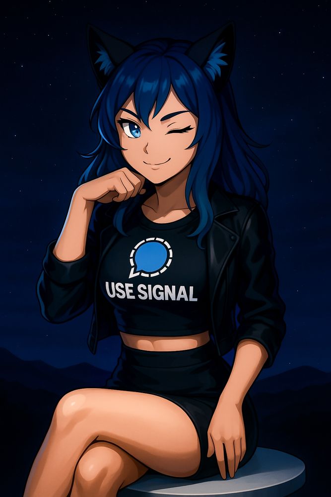 A stylized anime-style illustration shows a confident young woman with deep-blue hair and black feline ears. She sits sideways on a low round stool against a star-filled night sky, one leg crossed and the other angled forward. Wearing a black crop-top emblazoned with the blue Signal-app logo and the words “USE SIGNAL,” a cropped leather jacket, and a fitted black skirt, she rests one hand on her knee while the other is curled under her chin. She winks playfully, her bright blue eye and slight smirk conveying a friendly, mischievous energy.

