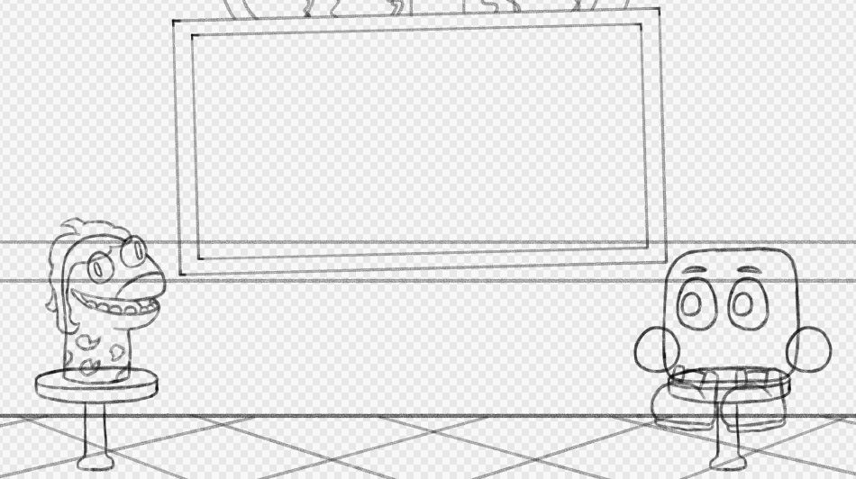 Sketch of Trashy (on the left) and Buddy (on the right) sitting on stoles with a big TV next to them 