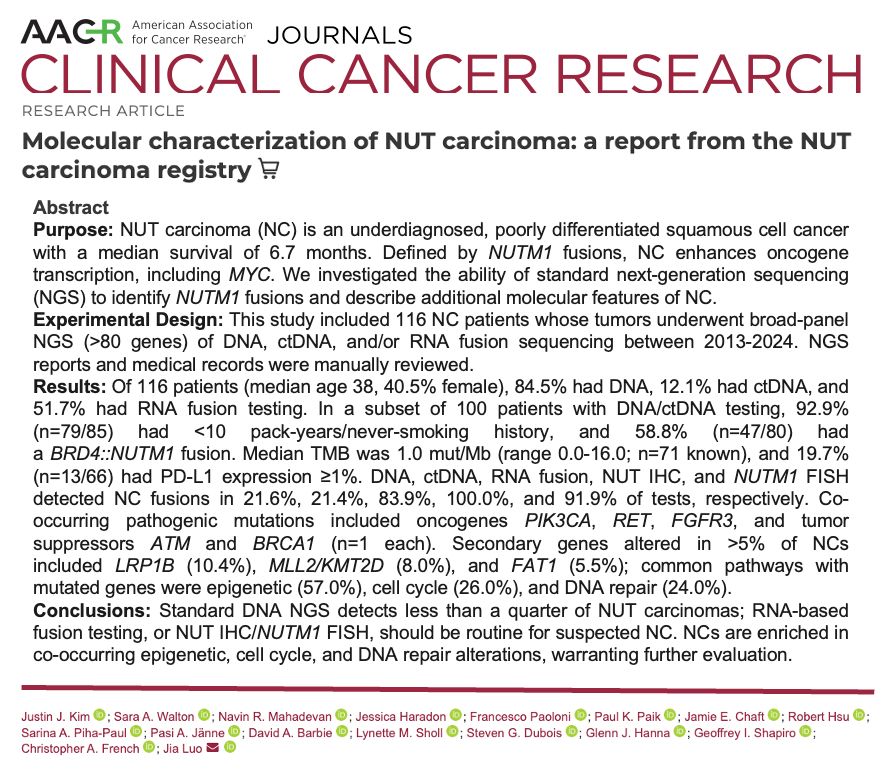 Molecular characterization of NUT carcinoma: a report from the NUT carcinoma registry
Abstract
Purpose: NUT carcinoma (NC) is an underdiagnosed, poorly differentiated squamous cell cancer with a median survival of 6.7 months. Defined by NUTM1 fusions, NC enhances oncogene transcription, including MYC. We investigated the ability of standard next-generation sequencing (NGS) to identify NUTM1 fusions and describe additional molecular features of NC. Experimental Design: This study included 116 NC patients whose tumors underwent broad-panel NGS (>80 genes) of DNA, ctDNA, and/or RNA fusion sequencing between 2013-2024. NGS reports and medical records were manually reviewed. Results: Of 116 patients (median age 38, 40.5% female), 84.5% had DNA, 12.1% had ctDNA, and 51.7% had RNA fusion testing. In a subset of 100 patients with DNA/ctDNA testing, 92.9% (n=79/85) had <10 pack-years/never-smoking history, and 58.8% (n=47/80) had a BRD4::NUTM1 fusion. Median TMB was 1.0 mut/Mb (range 0.0-16.0; n=71 known), and 19.7% (n=13/66) had PD-L1 expression ≥1%. DNA, ctDNA, RNA fusion, NUT IHC, and NUTM1 FISH detected NC fusions in 21.6%, 21.4%, 83.9%, 100.0%, and 91.9% of tests, respectively. Co-occurring pathogenic mutations included oncogenes PIK3CA, RET, FGFR3, and tumor suppressors ATM and BRCA1 (n=1 each). Secondary genes altered in >5% of NCs included LRP1B (10.4%), MLL2/KMT2D (8.0%), and FAT1 (5.5%); common pathways with mutated genes were epigenetic (57.0%), cell cycle (26.0%), and DNA repair (24.0%). Conclusions: Standard DNA NGS detects less than a quarter of NUT carcinomas; RNA-based fusion testing, or NUT IHC/NUTM1 FISH, should be routine for suspected NC. NCs are enriched in co-occurring epigenetic, cell cycle, and DNA repair alterations, warranting further evaluation.
