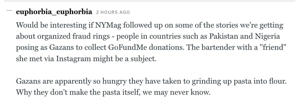 Comment on The Cut article - "Would be interesting if NYMag followed up on some of the stories we're getting about organized fraud rings - people in countries such as Pakistan and Nigeria posing as Gazans to collect GoFundMe donations. The bartender with a "friend" she met via Instagram might be a subject.

Gazans are apparently so hungry they have taken to grinding up pasta into flour. Why they don't make the pasta itself, we may never know."