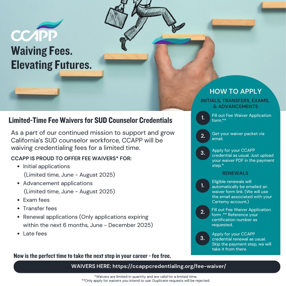 a graphic of wooden planks looking like steps with a drawing of a person in a suit going up it and a hand helping stabilize one of the steps. Text includes information on how to apply for the fee waiver.