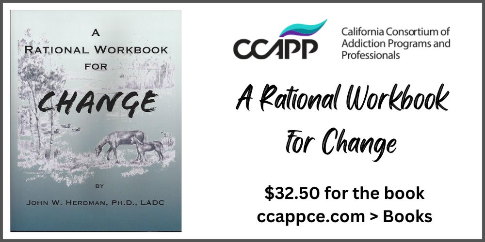 The book cover for "A Rational Workbook for Change" on the left. On the right is the CCAPP logo and under that reads 'A Rational Workbook for Change. $32.50 for the book. ccappce.com > Books'