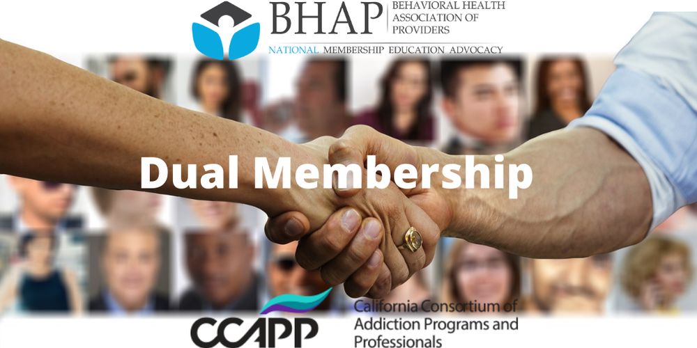 an image of two hands shaking, with the NBHAP logo on top of the image and the CCAPP logo on the bottom. text reads 'Dual Membership'