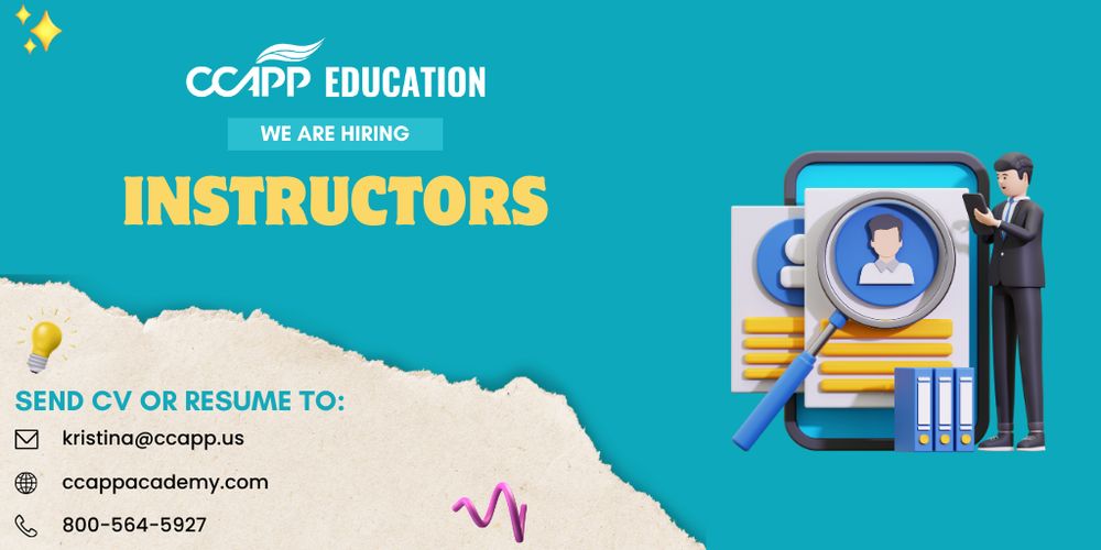 a clipart image of a man with black hair in a suit holding a tablet next to a big version of the tablet. The screen has a magnifying glass over an image of a person with lines under it, and binders under that. Text reads 'CCAPP Education. We are Hiring. Instructors. Send CV or Resume to' and then em