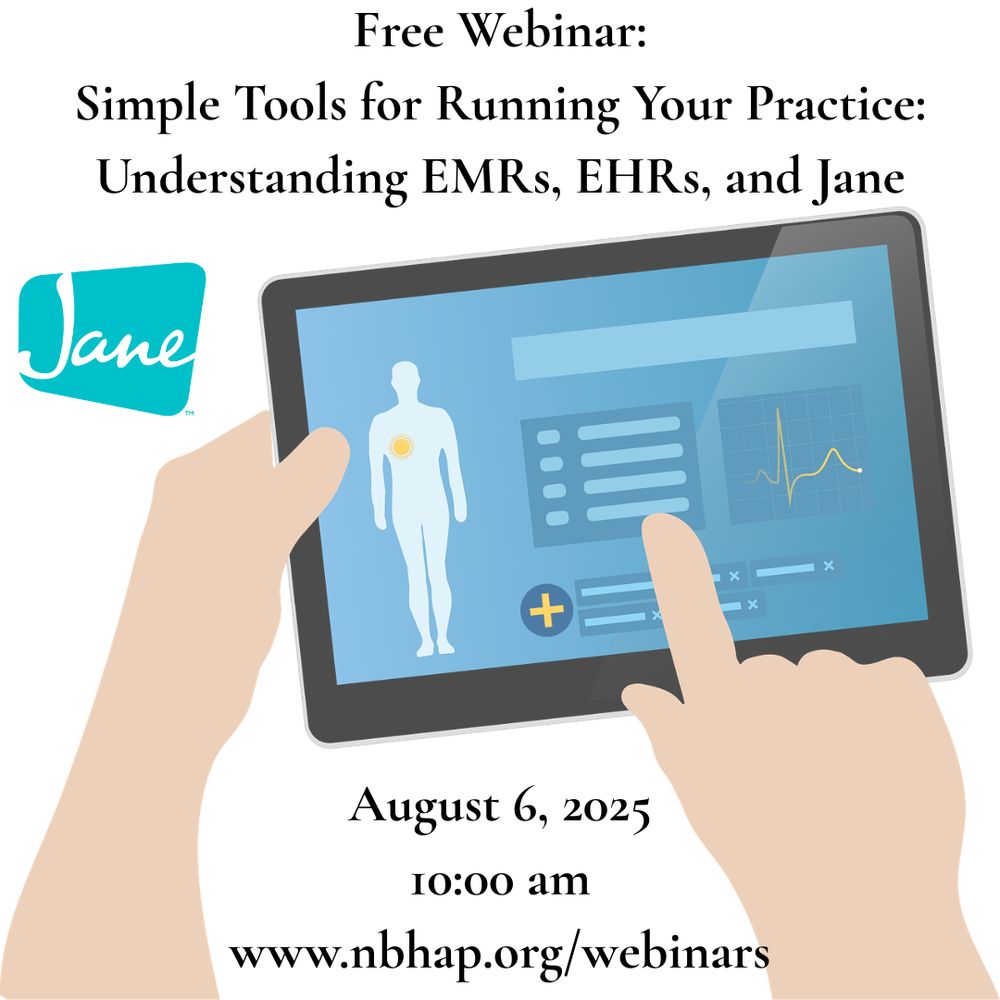 a cartoon of a tablet with health information. The Jane logo. Text reads 'Simple Tools for Running Your Practice: Understanding EMRs, EHRs, and Jane' Then the date, time, and URL.