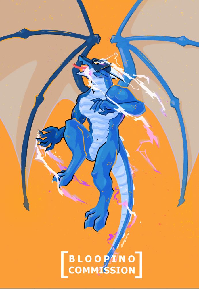 A blue scaled, humanoid dragon with large muscles soaring bat-like wings spread wide. White-purple lightning sparking off all over the body. 