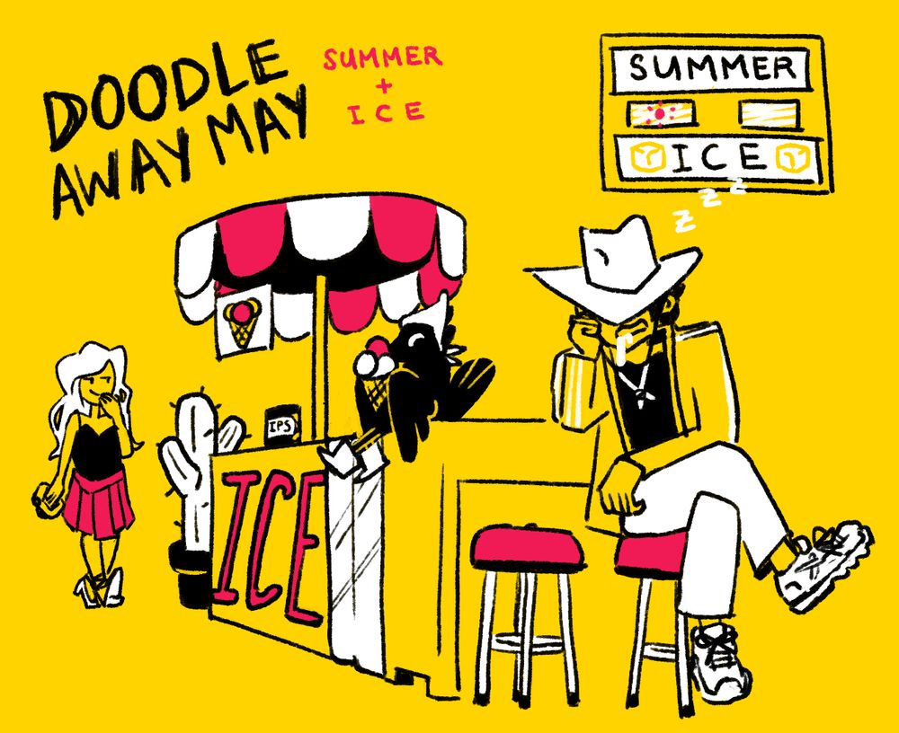 digital illustration of a crow eating icecream at an icecream stand, a lady walking down giggling while the standee is napping and drooling at one of the seats. 