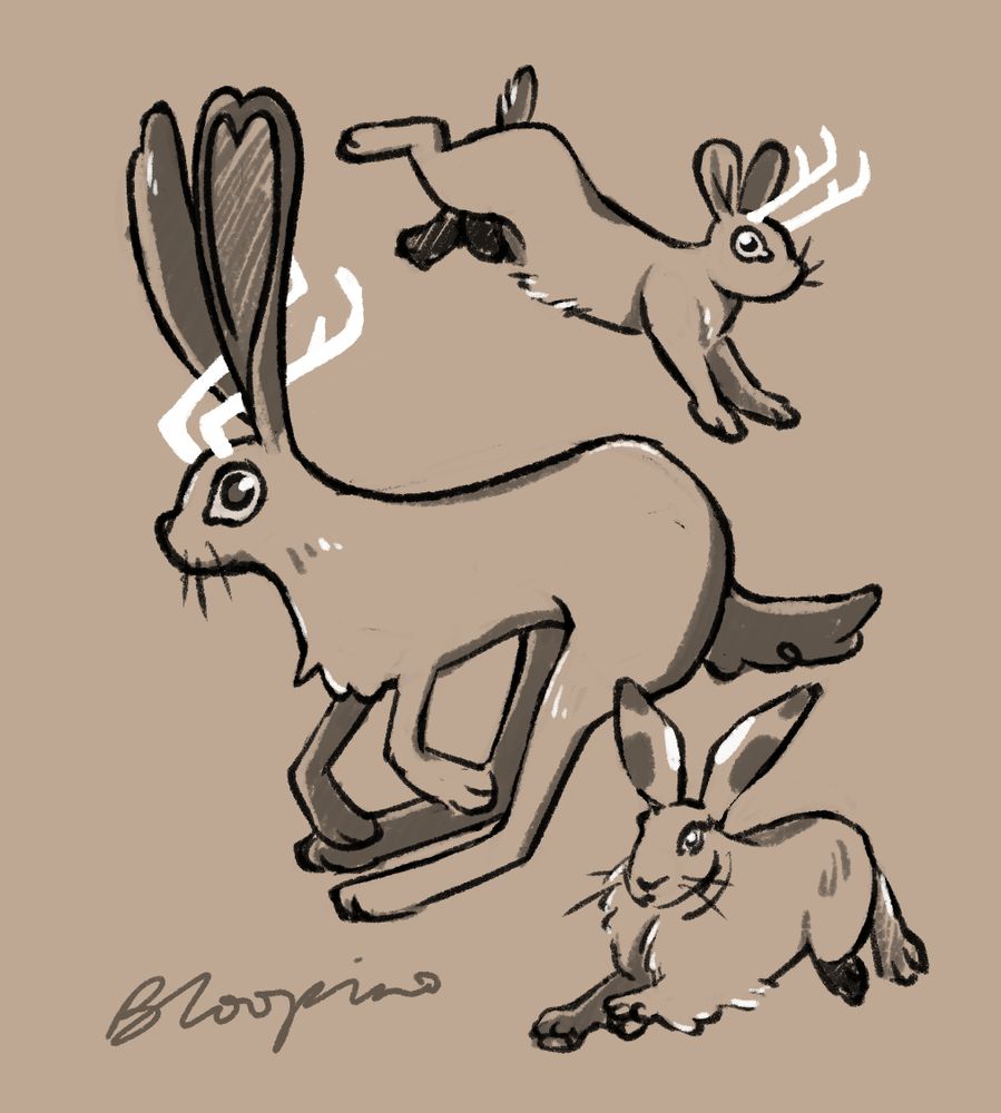 Digital sketch of three rabbits of various sizes and shape, a couple with white horns. 
