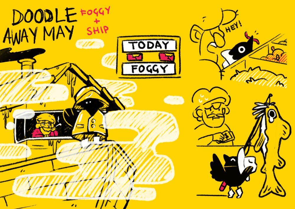 group of doodles of a lil black crow on fishy shenanigans - standing on the prow of a ship surrounded by fog in a yellow fisherman suit, another of the crow stealing fish bait and getting caught, and another of the crow selling a giant cat fish bigger than itself. 